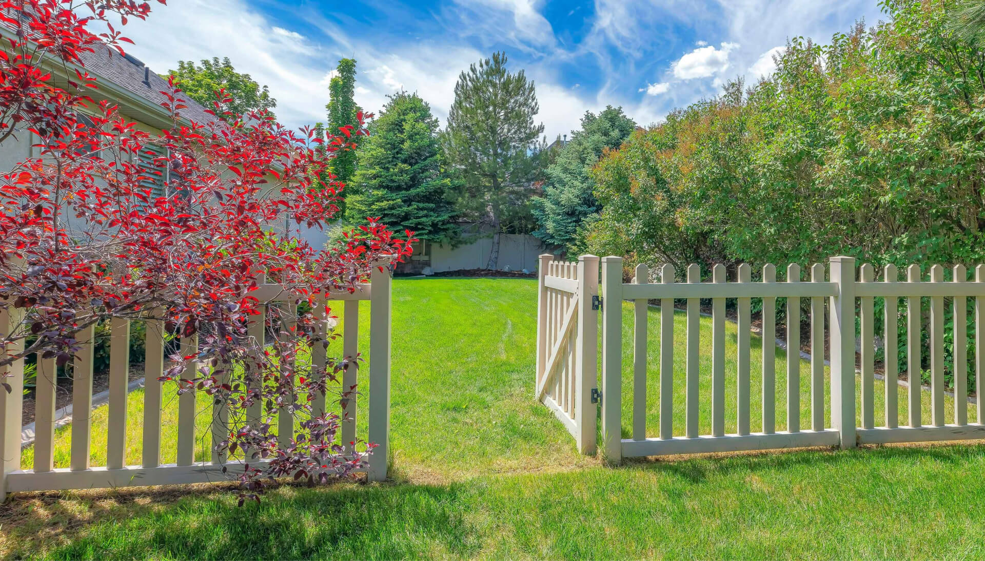A functional fence gate providing access to a well-maintained backyard, surrounded by a wooden fence in Columbia
